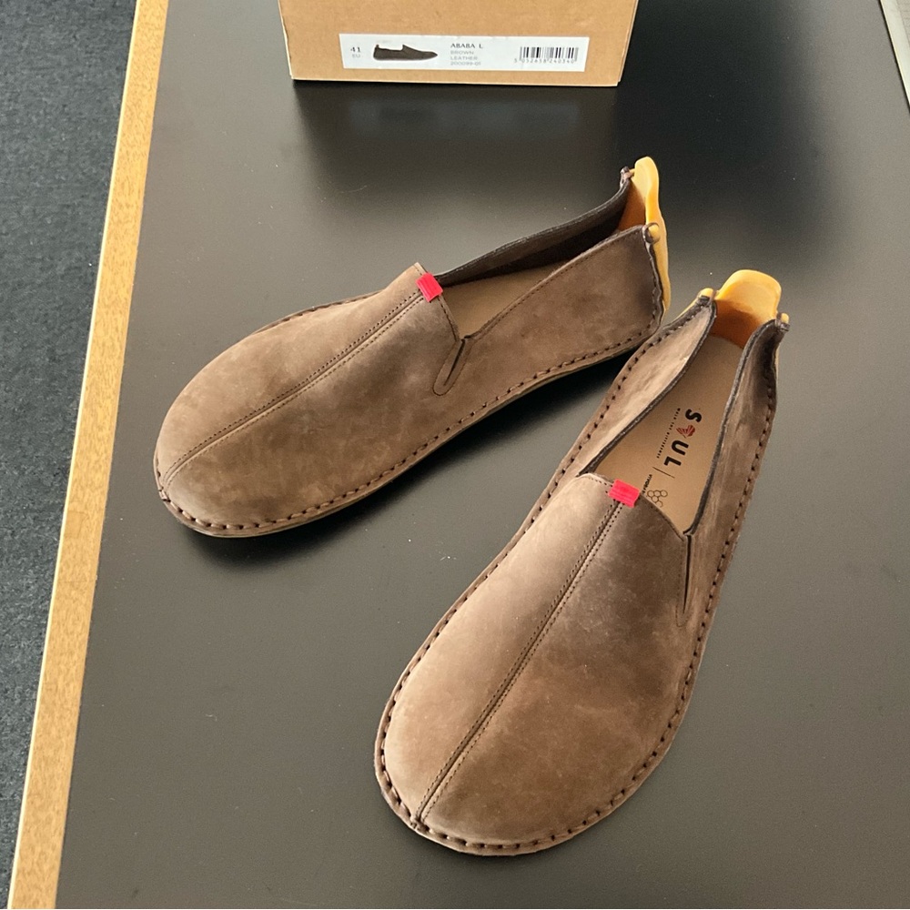 Vivo Barefoot Brown Suede Loafers with Red Accent